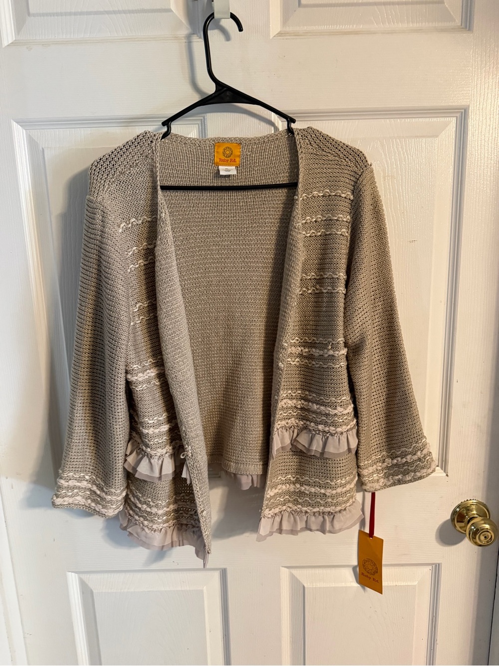 Ruby Rd. Open-Front Knit Cardigan in Light Taupe with Ruffle Trim